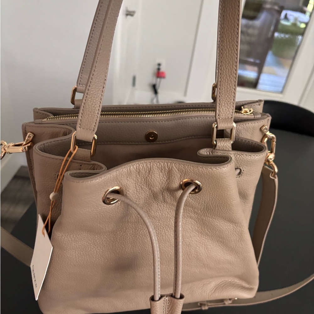 Quince Taupe Pebbled Leather Drawstring Crossbody Bag - Picture 3 of 8